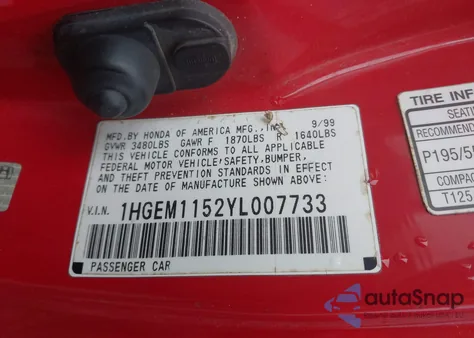 2000 Honda Civic Si/Sir from USA, damaged, VIN 1HGEM1152YL007733